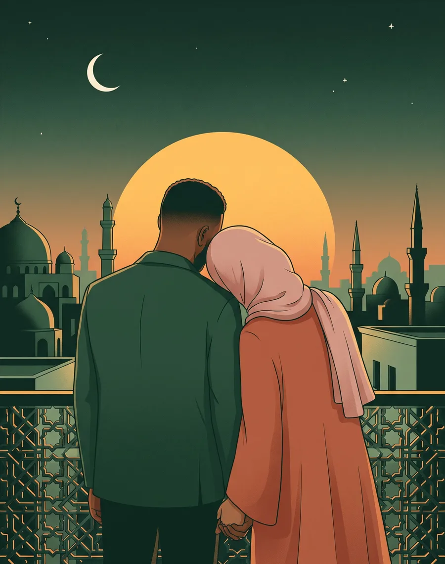 A couple seen from behind, hand in hand on a terrace, facing a city of domes at sunset.